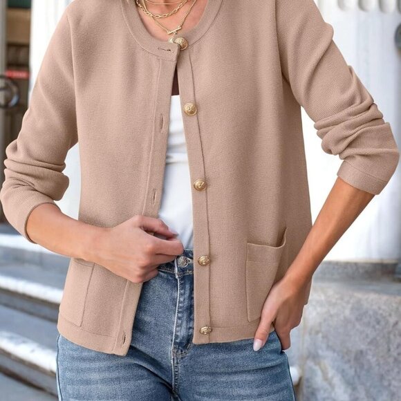 Women's Striped Cropped Cardigan Khaki Size Large - Picture 3 of 9